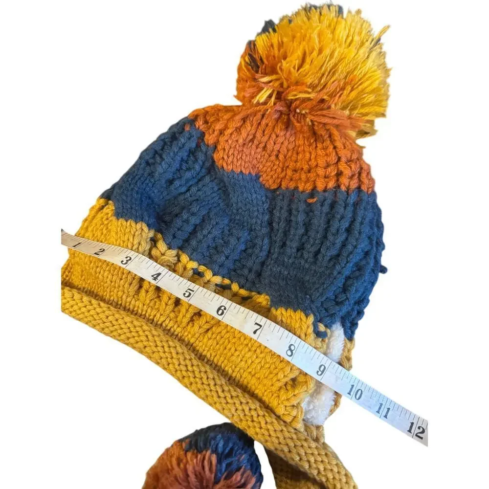 Multicolor Knit Beanie with Ear Flaps & Pom Poms – Blue Yellow Orange